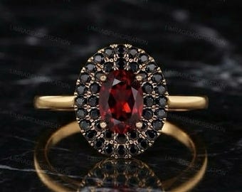 Vintage Oval Red Garnet Engagement Ring Black Diamond Double Halo Ring Gothic Gemstone Ring 14K Gold Unique Anniversary Ring For Women