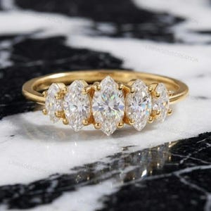 5 Stone Marquise Diamond Ring, Minimalist Gold Wedding Band, Unique Stackable Anniversary Ring, Curved Cluster Bridal Ring, Promise Ring