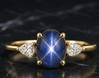 Blue Star Sapphire Engagement Ring, Oval Star Sapphire Ring, 14k Gold Three Stone Ring, Pear Side Stone Gemstone Ring Celestial Promise Ring