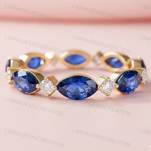 Marquise Blue Sapphire Eternity Band, 14k Gold Stacking Ring for Women, Alternative September Birthstone Wedding Ring, Anniversary Gift,