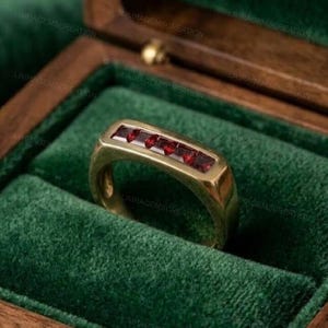 Red Garnet Band Ring for Men & Women, Princess Cut 14K Gold Channel Set Wedding Band Minimalist January Birthstone Ring Unisex Stacking Ring