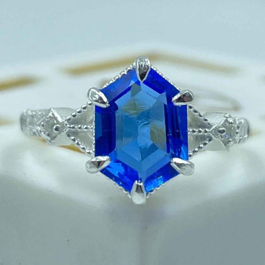 Hexagon Cut Blue Topaz Engagement Ring, Vintage Prong Setting Art