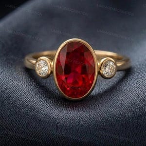 Oval Ruby Engagement Ring | 14k Gold Bezel Set Three Stone Ring | Vintage Style Red Gemstone Anniversary Ring | July Birthstone Gift for Her