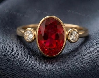 Oval Ruby Engagement Ring | 14k Gold Bezel Set Three Stone Ring | Vintage Style Red Gemstone Anniversary Ring | July Birthstone Gift for Her