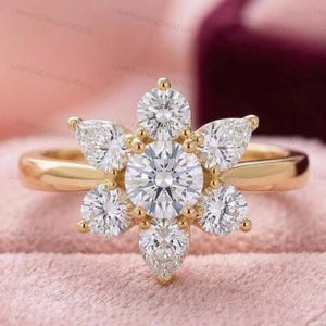 Unique Flower Cluster Engagement Ring Round and Pear Cut Moissanite Sunflower Ring, Gold Floral Wedding Ring Art Deco Snowflake Ring for Her
