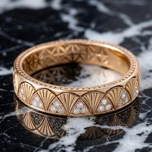 Art Deco Gold Wedding Band Vintage Shell Motif Eternity Ring Unique Fan Pattern Diamond Band for Women Scalloped Milgrain Anniversary Ring