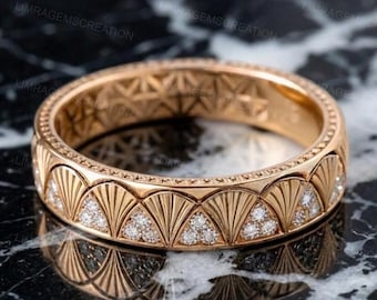 Art Deco Gold Wedding Band Vintage Shell Motif Eternity Ring Unique Fan Pattern Diamond Band for Women Scalloped Milgrain Anniversary Ring