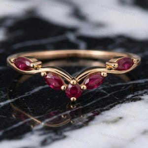 Marquise Ruby Curved Wedding Band, 14k Gold Chevron Ring, V Shaped Contoured Enhancer, July Birthstone Stacking Band Unique Anniversary Gift