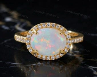 East West Oval Opal Engagement Ring, Gold Opal Halo Ring, Vintage Oval Gemstone Wedding Ring, Unique October Birthstone Gift for Her