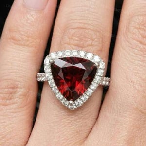 Trillion Cut Garnet Ring, Red Gemstone Engagement Ring, Trillion Cut Ruby Halo Ring, Unique Statement Ring, Silver/Gold Fine Jewelry Gift