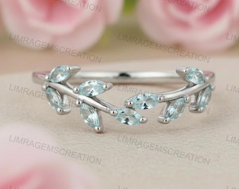 Marquise cut Aquamarine wedding band vintage Delicate silver ring Leaf ring Branch band Matching ring promise ring Anniversary ring mom gift