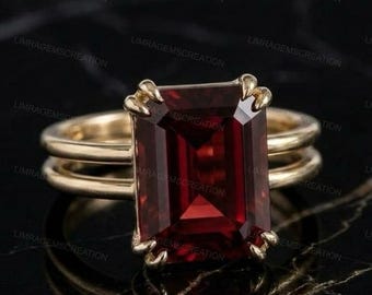 Emerald Cut Garnet Ring, 14k Gold Double Band Statement Ring, Solitaire Red Gemstone Engagement Ring, Vintage Claw Setting Ring for Her