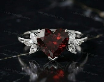 Heart Shaped Red Garnet Engagement Ring Marquise Cluster Side Stone Ring Vintage Silver Promise Ring Unique Anniversary Gift For Her