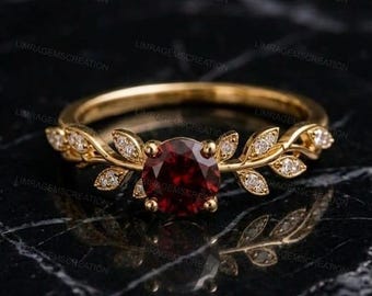 Round Cut Red Garnet Engagement Ring Yellow Gold Leaf Ring Vintage Nature Inspired Ring Botanical Vine Ring Ruby Red Gemstone Promise Ring