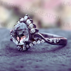 Alternative Pear Shaped Black Rutilated Quartz Ring Engagement Black Gothic Ring Elegant Women Ring Inspired Ring Bridal Wedding Gift Ring