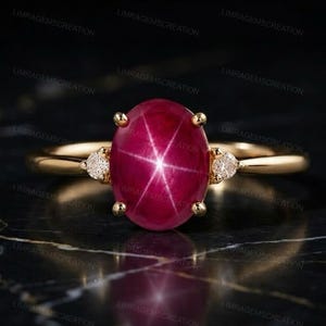 Vintage Star Ruby Ring Gold, Oval Pink Star Ruby Engagement Ring, 14K Gold Diamond Three Stone Ring, Delicate Promise Ring, Gift for Her