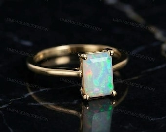 Emerald Cut Opal Ring, Gold Solitaire Ring, Dainty Opal Engagement Ring, October Birthstone Jewelry Minimalist Gemstone Promise Ring for Her