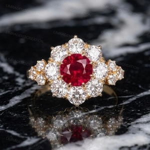 Vintage Ruby Halo Ring, Red Ruby Engagement Ring, Gold Diamond Cluster Statement Ring, Royal Inspired Princess Diana Ring, July Birthstone