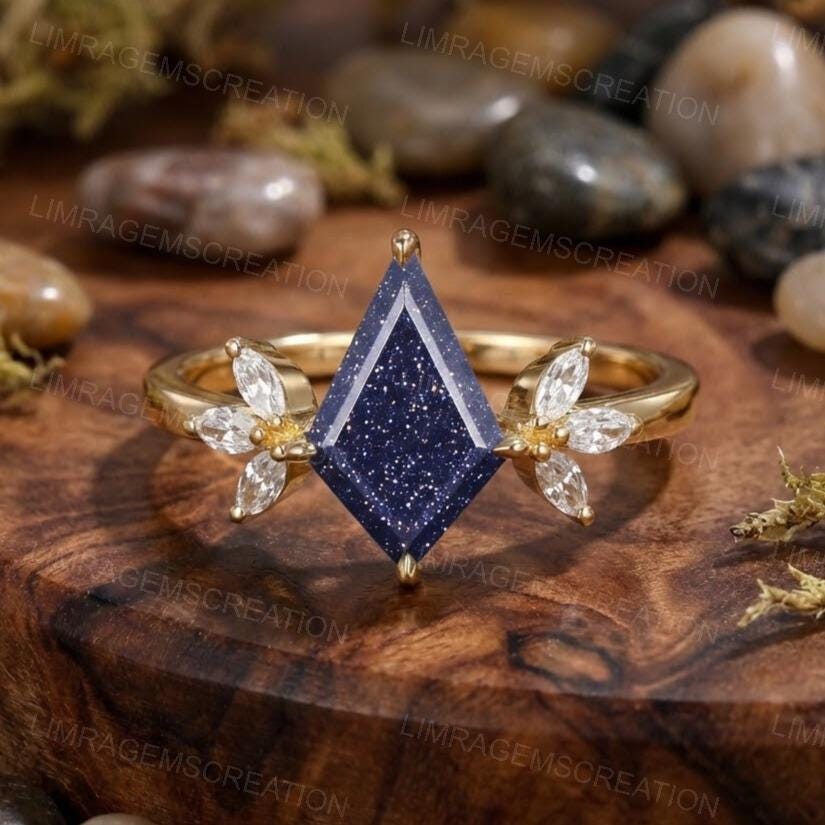 Art Deco Blue Sandstone Engagement Ring Yellow Gold Galaxy Blue ...