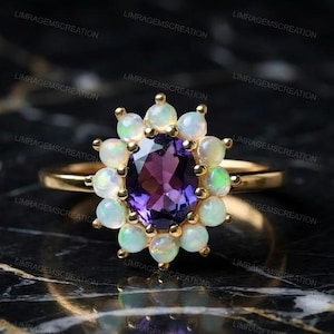 Natural Amethyst Opal Ring, Vintage Oval Amethyst Engagement Ring Gold, Unique Flower Cluster Halo Ring, Gemstone Promise Ring For Women