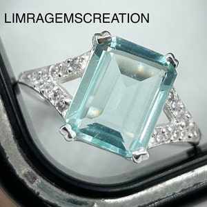 Statement Aquamarine Ring, Emerald Cut Lab Simulated Aquamarine, Princess Diana Aquamarine Ring, March Birthstone Gift Mother's Gift Ring