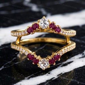 Ruby and Diamond Ring Enhancer Gold, Double Curved Wedding Band, Chevron Ring Guard Jacket for Solitaire, Vintage Crown Wrap Band for Her