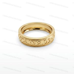 Hand Engraved Gold Wedding Ring, 14k Gold Scrollwork Band, Ornate Milgrain Anniversary Ring, Unique Victorian Style Jewelry for Men Women