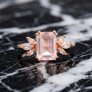 Emerald Cut Rose Quartz Ring, with Marquise Cluster Accents, Art Deco Rose Gold Statement Ring, Pink Gemstone Ring, Anniversary Gift for Her