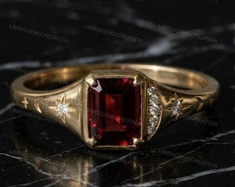 Celestial Emerald Cut Garnet Ring, 14k Gold Starburst Engagement Ring, Crescent Moon Red Gemstone Signet Ring, Vintage Astrology Jewelry