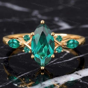 Marquise Emerald Engagement Ring Vintage Nature Inspired Gold Ring, Green Gemstone Leaf Branch Promise Ring Art Deco Bridal Anniversary Gift