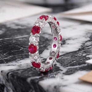 Ruby Eternity Band in S925 Sterling Silver, July Birthstone Ring, Alternating Red and White Stone Wedding Band, Anniversary Gift for Her,
