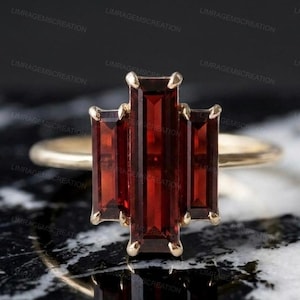 Art Deco Red Garnet Engagement Ring 14k Gold, Baguette Cut Three Stone Wedding Ring, Unique Geometric January Birthstone Ring, Gothic Ring