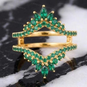Emerald Ring Guard Enhancer Gold Tiara Wedding Band Marquise Green Gemstone Ring Wrap Curved Chevron Stacking Ring Art Deco Crown Ring
