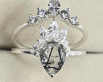 Vintage Pear Black Rutilated Quartz Ring, 2 Pcs Bridal Set for Women, Marquise Cluster Crown Ring, Sterling Silver Wedding Set.