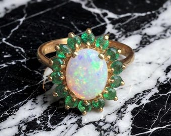 Vintage Opal Emerald Ring Oval Fire Opal Engagement Ring 14k Gold Emerald Halo Ring Art Deco Statement Ring October & May Birthstone Jewelry