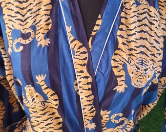 Handmade Cotton Tiger Print Robe | Blue Block Print Kimono | Unisex Lounge Bathrobe