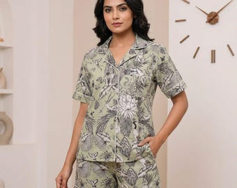 Handmade Cotton Pajama Set, Women's Floral Print Night Suit