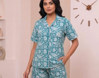 Hand Block Print Cotton Pajama Set: Jaipur Floral Women's Lounge Wear