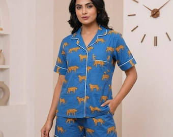 Tiger Print Pajama Set, Women's Night Suit, Cotton Sleepwear Women