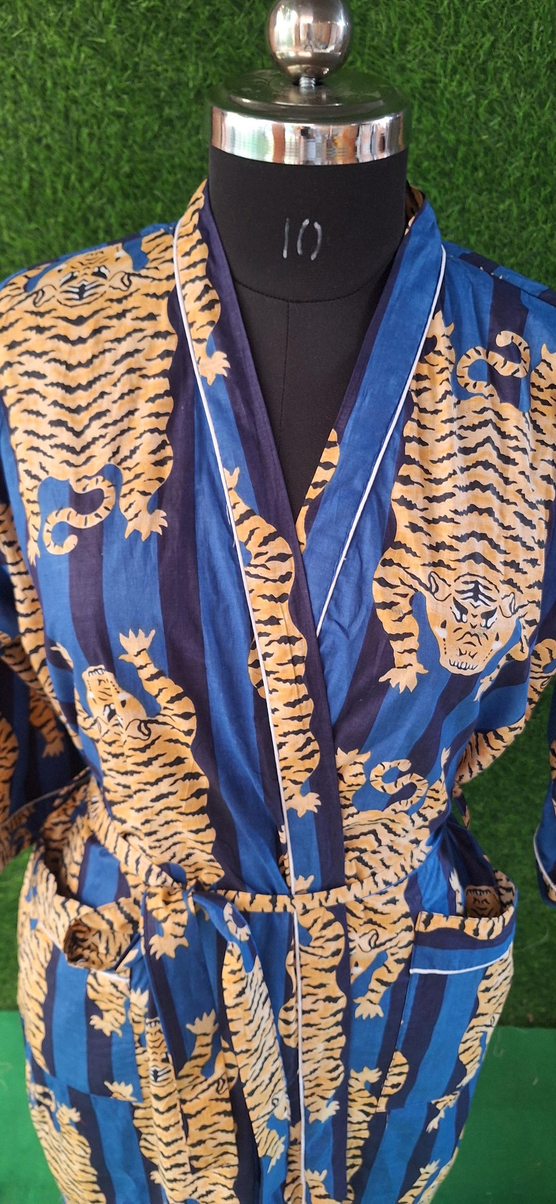 Handmade Cotton Tiger Print Robe | Blue Block Print Kimono | Unisex ...