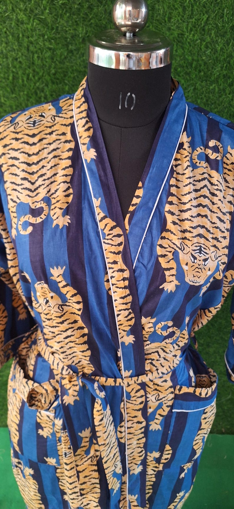 Handmade Cotton Tiger Print Robe | Blue Block Print Kimono | Unisex ...