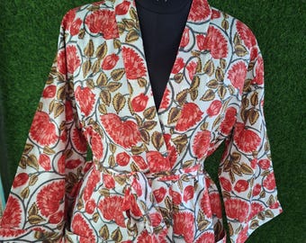 Handmade Floral Cotton Kimono Robe, Block Print Bathrobe, Women's Spa Robe, Lightweight Summer Loungewear