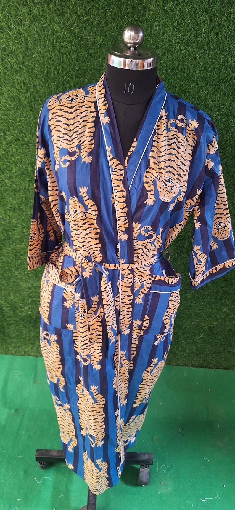 Handmade Cotton Tiger Print Robe | Blue Block Print Kimono | Unisex ...