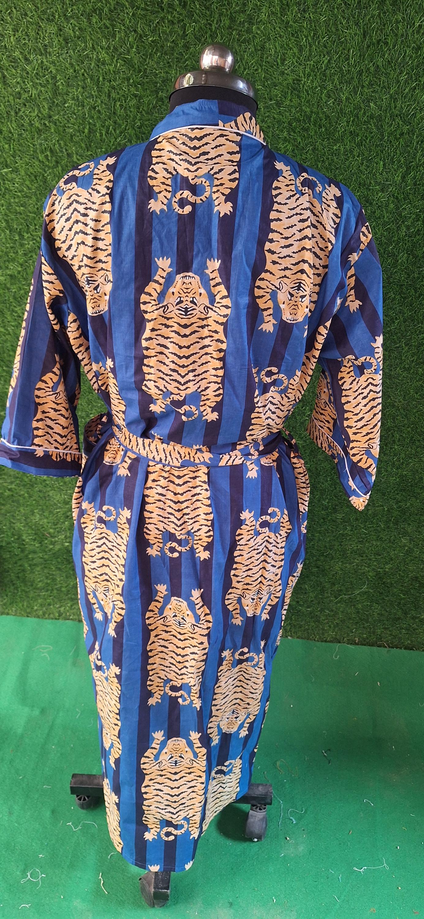 Handmade Cotton Tiger Print Robe | Blue Block Print Kimono | Unisex ...