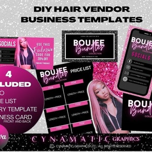 DIY 4-delige Haar BRANDING SET voor bewerking op Canva, Visitekaartje, Prijslijst, Logo, Social Media, Bundel