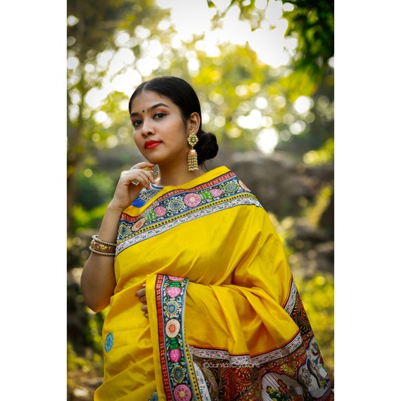 Yellow Hand Painted Pure Kerala Cotton Saree - Luxurionworld – Luxurion  World