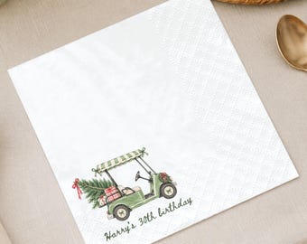Personalisierte Servietten für die Weihnachtsgolfparty, individuell gestaltet im grünen Golfwagen-Design, Tischdekoration für die Festtage