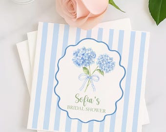 Personalized Hydrangea Flower Bridal Shower Napkins, Blue Wedding Themed, Bridal Brunch Decor, Luncheon and Beverage Paper