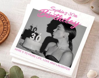 Personalized Birthday with Photo Napkins, Print Cocktail Napkin, Happy Birthday Party