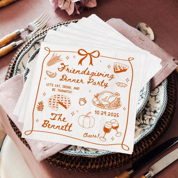 Personalized Friendsgiving Napkins: Thanksgiving Dinner Party Decor